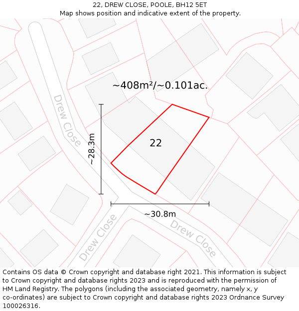 22, DREW CLOSE, POOLE, BH12 5ET: Plot and title map