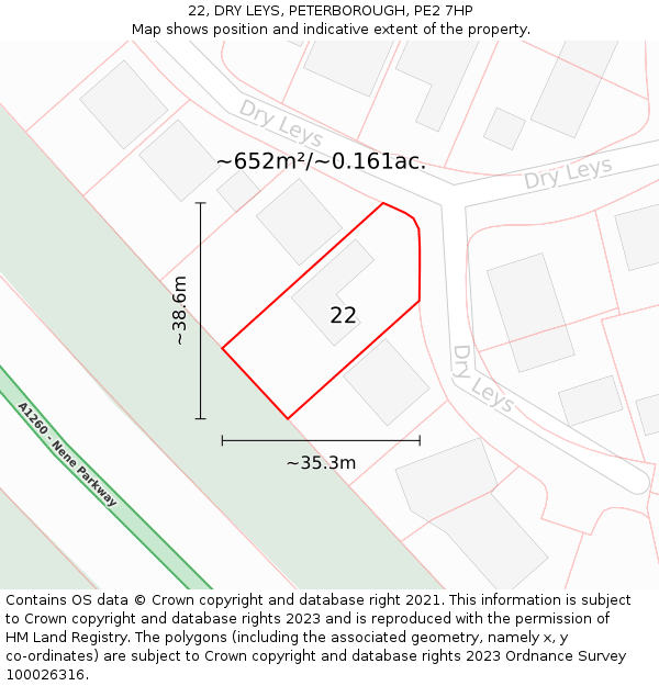 22, DRY LEYS, PETERBOROUGH, PE2 7HP: Plot and title map