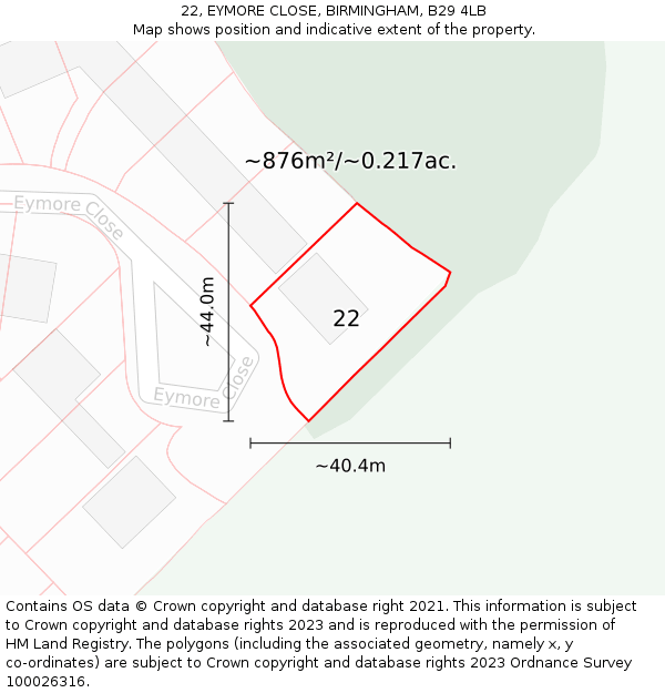 22, EYMORE CLOSE, BIRMINGHAM, B29 4LB: Plot and title map