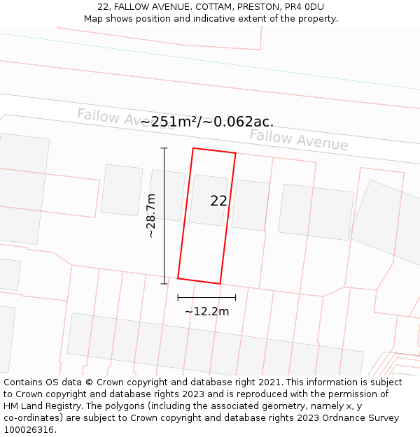 22, FALLOW AVENUE, COTTAM, PRESTON, PR4 0DU: Plot and title map