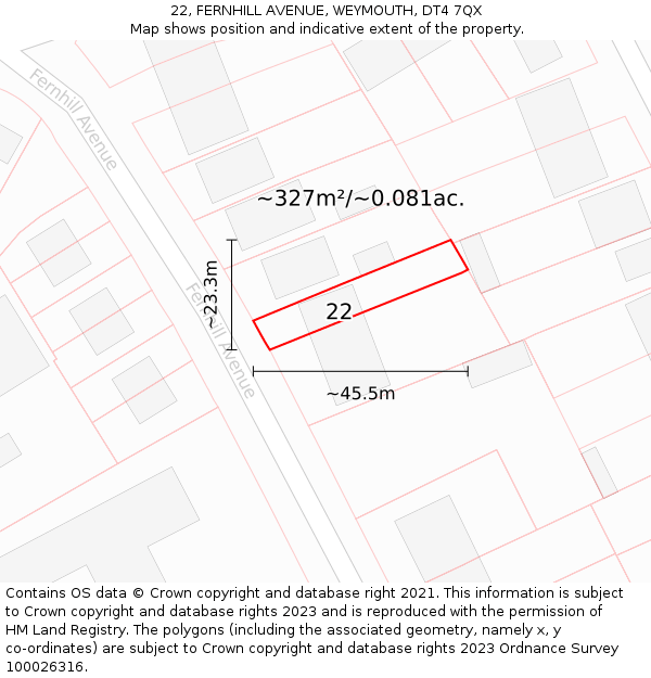 22, FERNHILL AVENUE, WEYMOUTH, DT4 7QX: Plot and title map