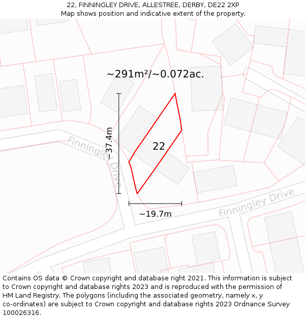 22, FINNINGLEY DRIVE, ALLESTREE, DERBY, DE22 2XP: Plot and title map