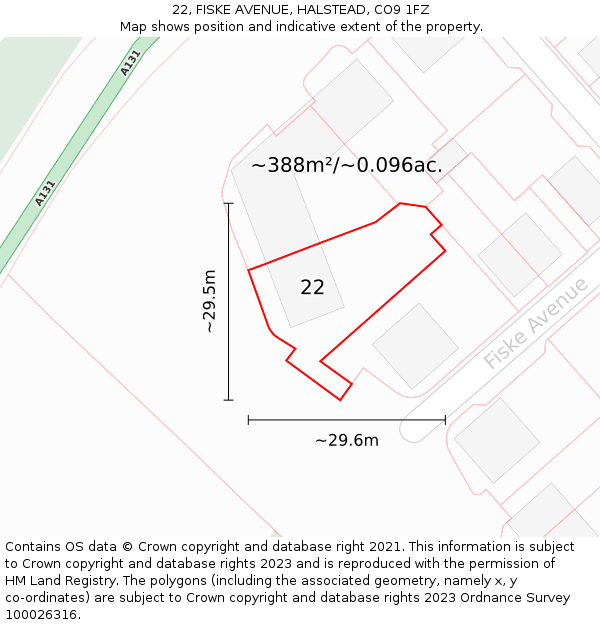 22, FISKE AVENUE, HALSTEAD, CO9 1FZ: Plot and title map