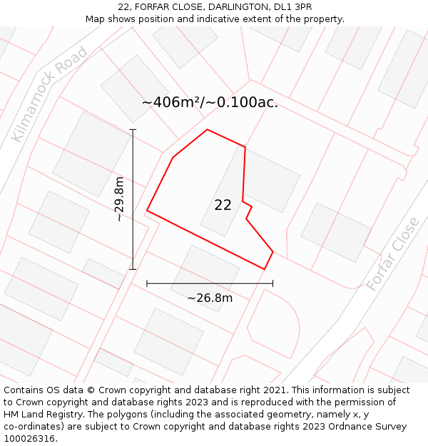 22, FORFAR CLOSE, DARLINGTON, DL1 3PR: Plot and title map