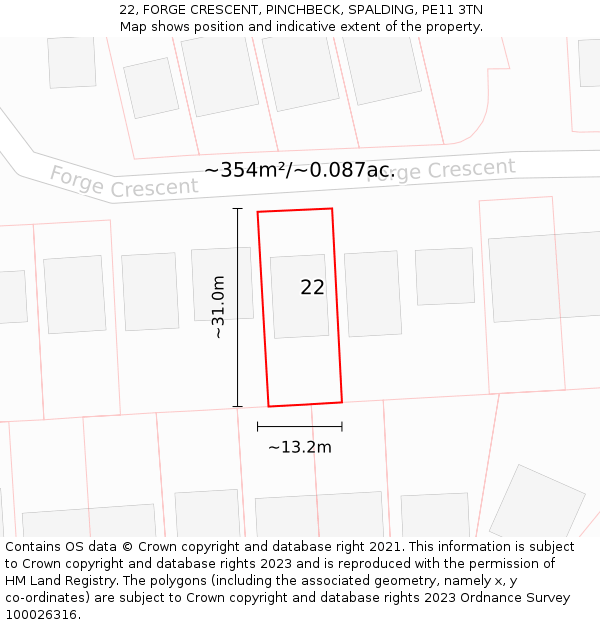 22, FORGE CRESCENT, PINCHBECK, SPALDING, PE11 3TN: Plot and title map