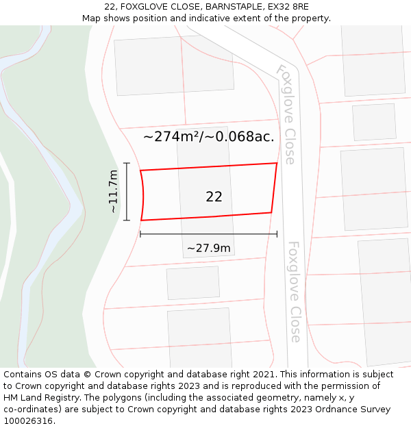 22, FOXGLOVE CLOSE, BARNSTAPLE, EX32 8RE: Plot and title map