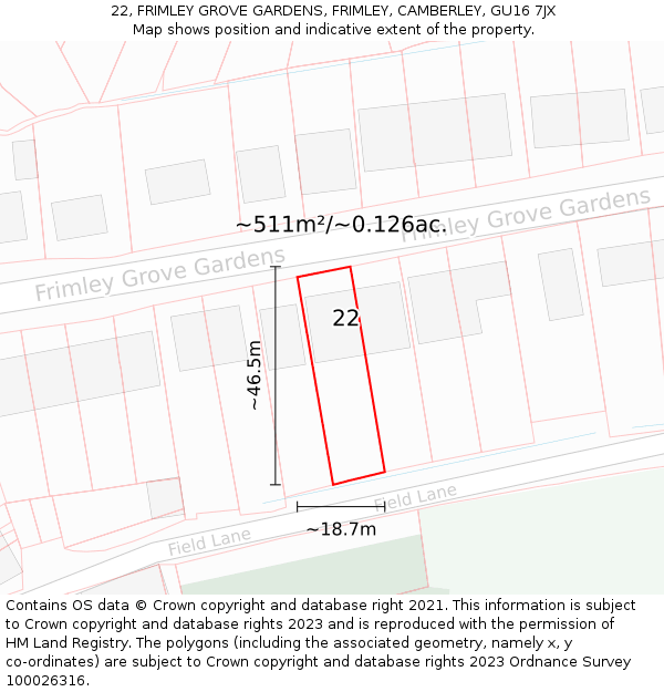 22, FRIMLEY GROVE GARDENS, FRIMLEY, CAMBERLEY, GU16 7JX: Plot and title map