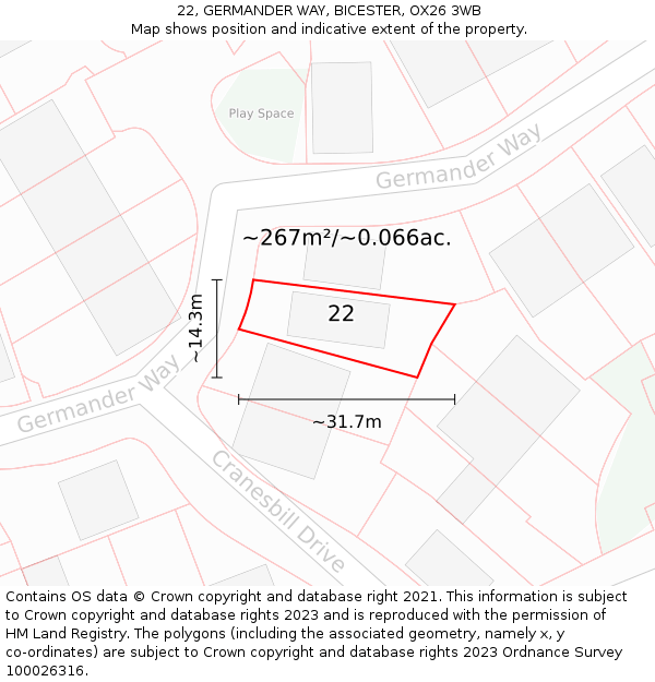 22, GERMANDER WAY, BICESTER, OX26 3WB: Plot and title map