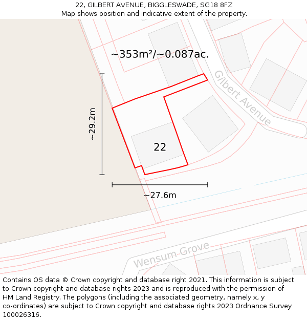 22, GILBERT AVENUE, BIGGLESWADE, SG18 8FZ: Plot and title map