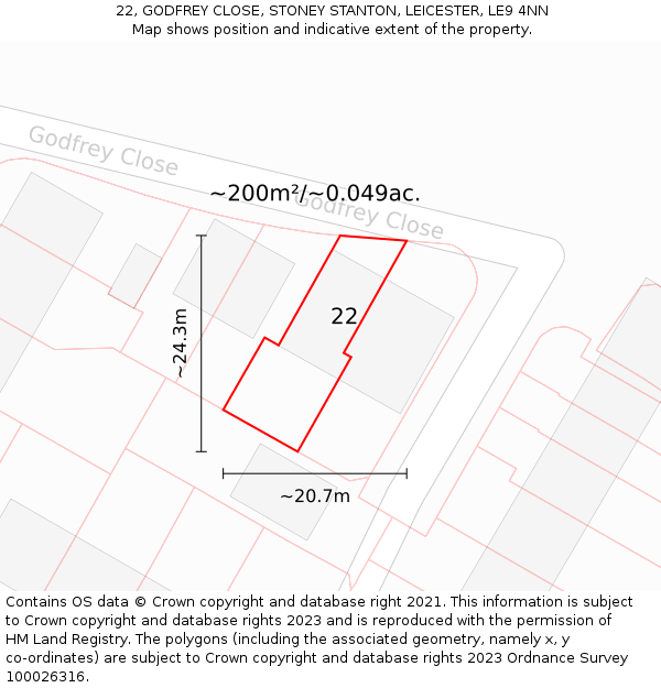 22, GODFREY CLOSE, STONEY STANTON, LEICESTER, LE9 4NN: Plot and title map