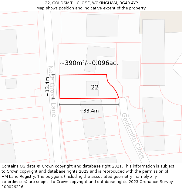 22, GOLDSMITH CLOSE, WOKINGHAM, RG40 4YP: Plot and title map