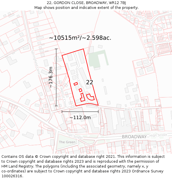 22, GORDON CLOSE, BROADWAY, WR12 7BJ: Plot and title map