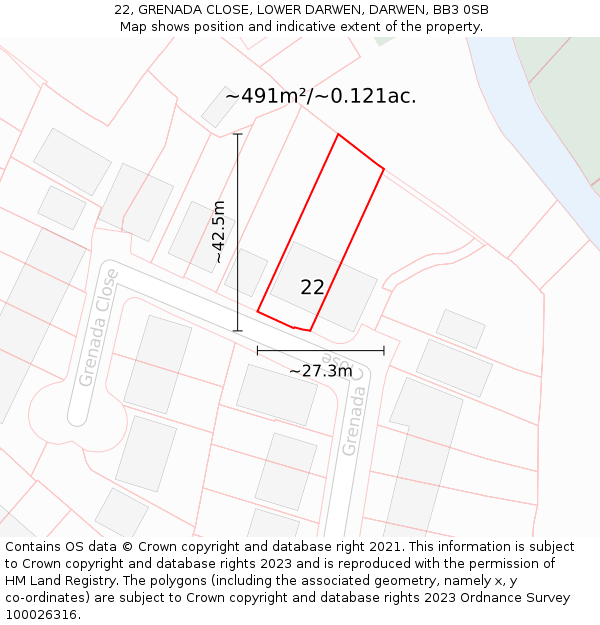 22, GRENADA CLOSE, LOWER DARWEN, DARWEN, BB3 0SB: Plot and title map