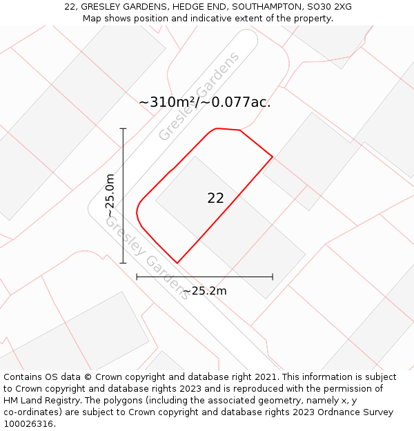 22, GRESLEY GARDENS, HEDGE END, SOUTHAMPTON, SO30 2XG: Plot and title map