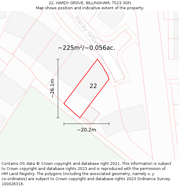 22, HARDY GROVE, BILLINGHAM, TS23 3GN: Plot and title map