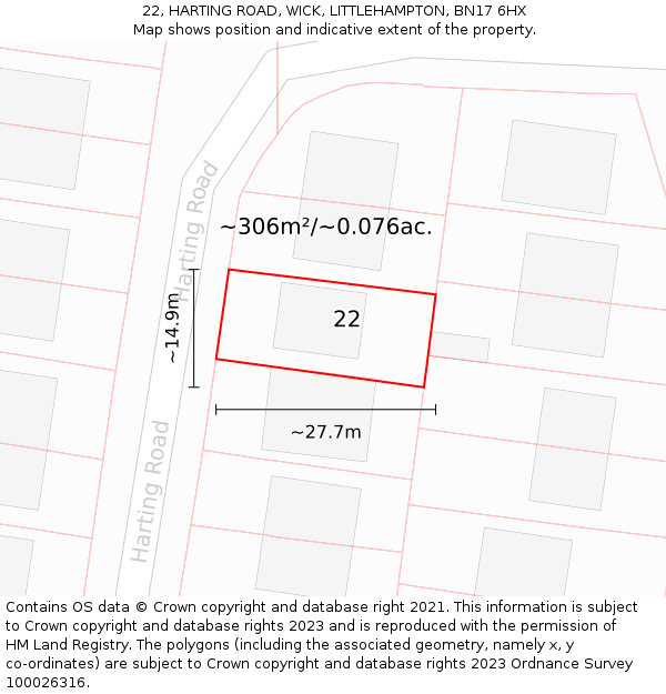 22, HARTING ROAD, WICK, LITTLEHAMPTON, BN17 6HX: Plot and title map