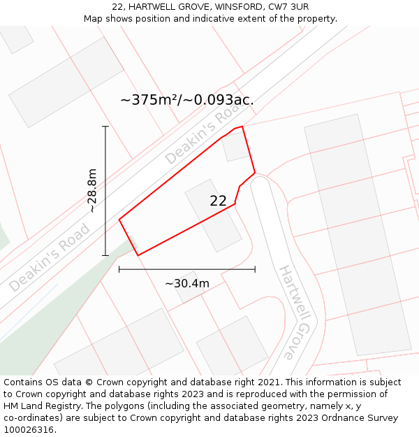 22, HARTWELL GROVE, WINSFORD, CW7 3UR: Plot and title map