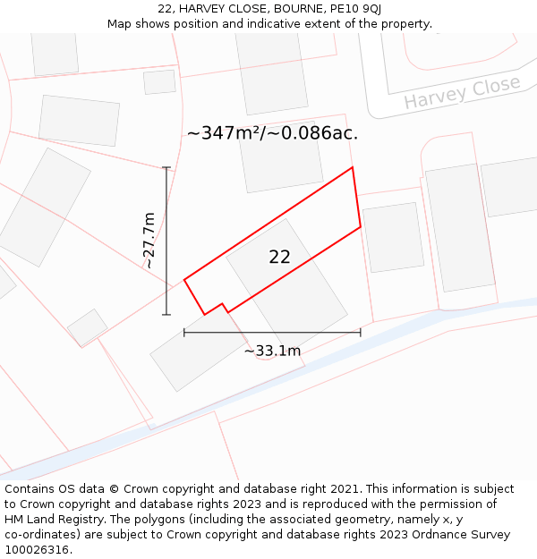 22, HARVEY CLOSE, BOURNE, PE10 9QJ: Plot and title map