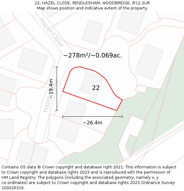 22, HAZEL CLOSE, RENDLESHAM, WOODBRIDGE, IP12 2UR: Plot and title map