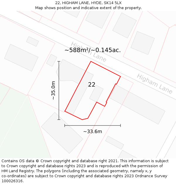 22, HIGHAM LANE, HYDE, SK14 5LX: Plot and title map