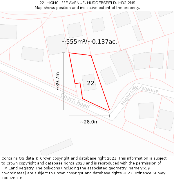 22, HIGHCLIFFE AVENUE, HUDDERSFIELD, HD2 2NS: Plot and title map