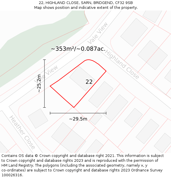 22, HIGHLAND CLOSE, SARN, BRIDGEND, CF32 9SB: Plot and title map