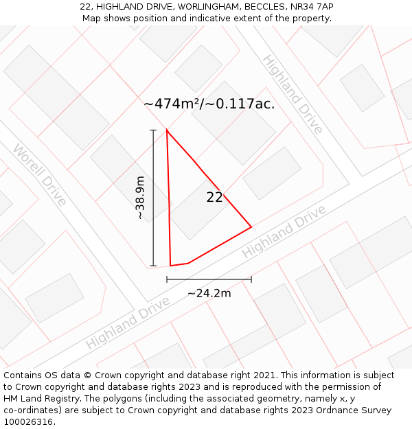 22, HIGHLAND DRIVE, WORLINGHAM, BECCLES, NR34 7AP: Plot and title map