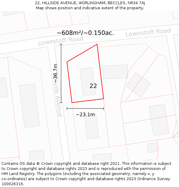 22, HILLSIDE AVENUE, WORLINGHAM, BECCLES, NR34 7AJ: Plot and title map