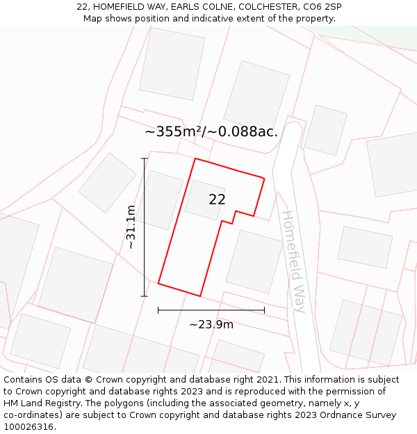 22, HOMEFIELD WAY, EARLS COLNE, COLCHESTER, CO6 2SP: Plot and title map