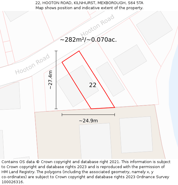 22, HOOTON ROAD, KILNHURST, MEXBOROUGH, S64 5TA: Plot and title map