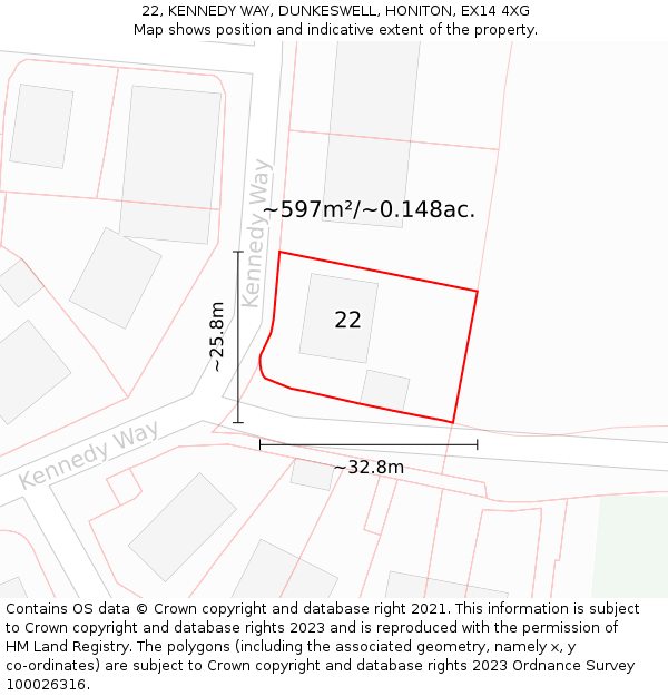 22, KENNEDY WAY, DUNKESWELL, HONITON, EX14 4XG: Plot and title map