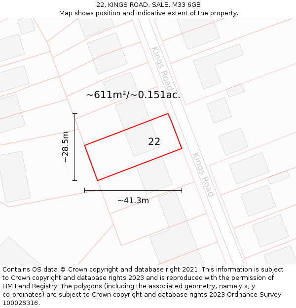 22, KINGS ROAD, SALE, M33 6GB: Plot and title map