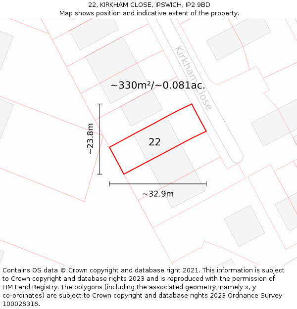 22, KIRKHAM CLOSE, IPSWICH, IP2 9BD: Plot and title map