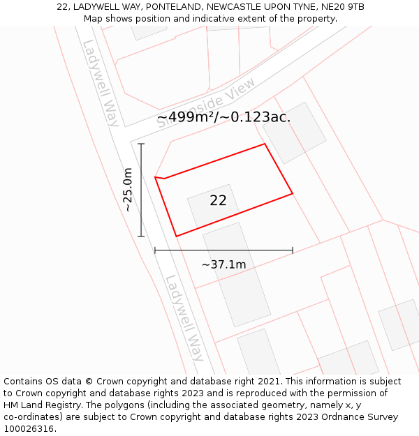 22, LADYWELL WAY, PONTELAND, NEWCASTLE UPON TYNE, NE20 9TB: Plot and title map