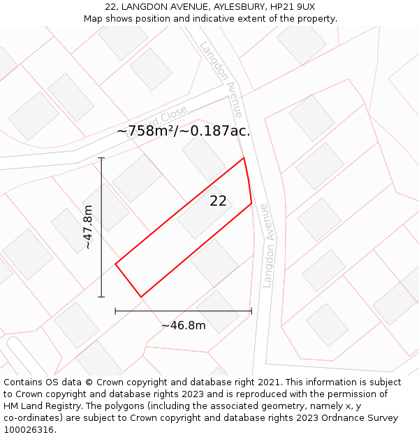 22, LANGDON AVENUE, AYLESBURY, HP21 9UX: Plot and title map