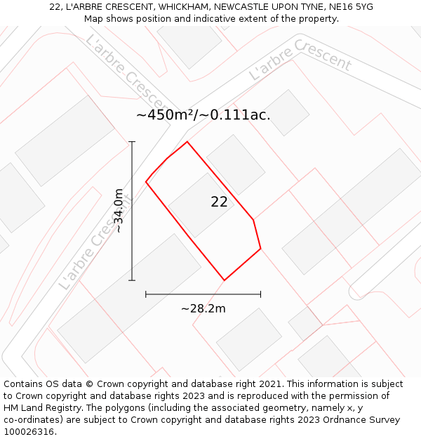 22, L'ARBRE CRESCENT, WHICKHAM, NEWCASTLE UPON TYNE, NE16 5YG: Plot and title map