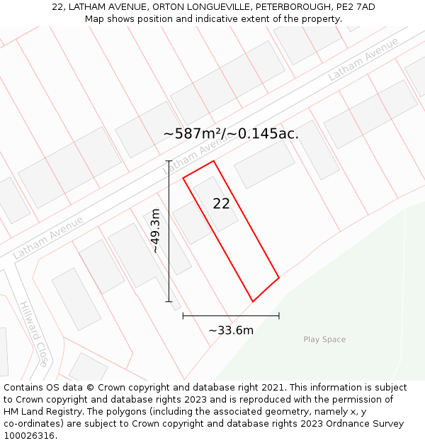 22, LATHAM AVENUE, ORTON LONGUEVILLE, PETERBOROUGH, PE2 7AD: Plot and title map