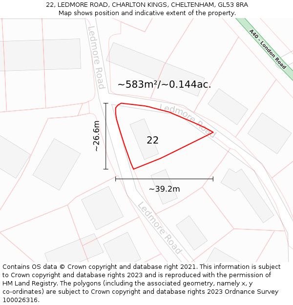 22, LEDMORE ROAD, CHARLTON KINGS, CHELTENHAM, GL53 8RA: Plot and title map