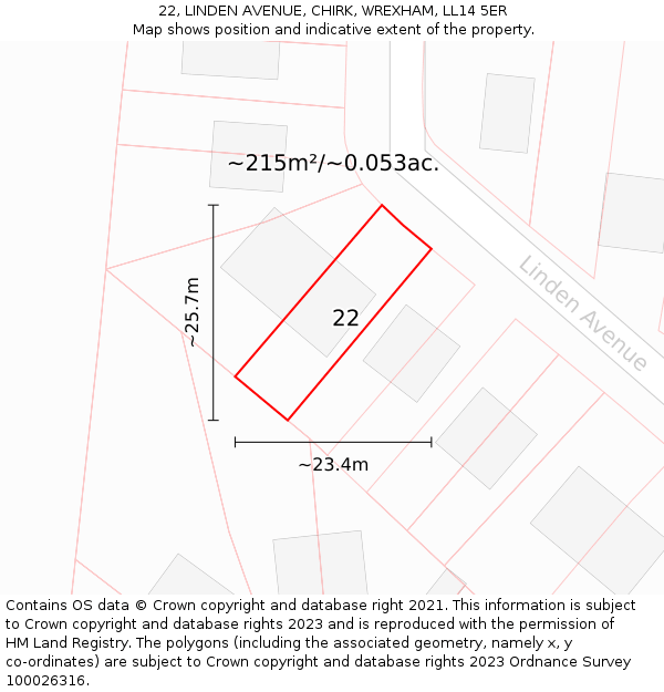 22, LINDEN AVENUE, CHIRK, WREXHAM, LL14 5ER: Plot and title map