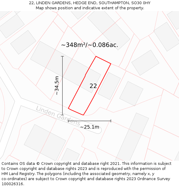 22, LINDEN GARDENS, HEDGE END, SOUTHAMPTON, SO30 0HY: Plot and title map