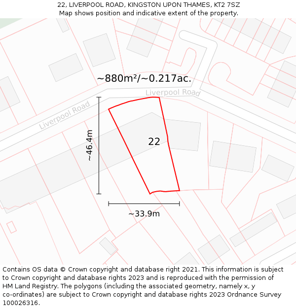 22, LIVERPOOL ROAD, KINGSTON UPON THAMES, KT2 7SZ: Plot and title map