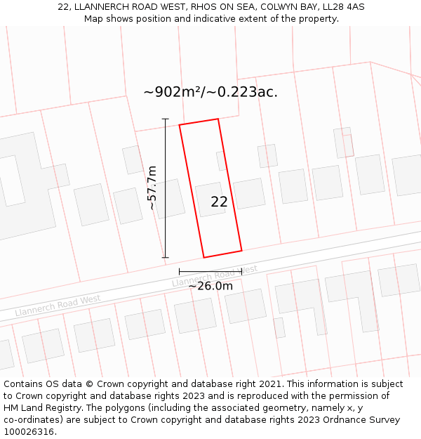 22, LLANNERCH ROAD WEST, RHOS ON SEA, COLWYN BAY, LL28 4AS: Plot and title map