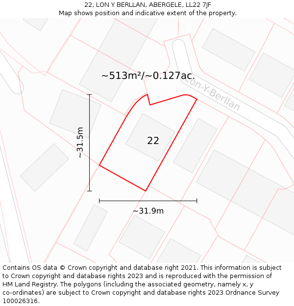 22, LON Y BERLLAN, ABERGELE, LL22 7JF: Plot and title map