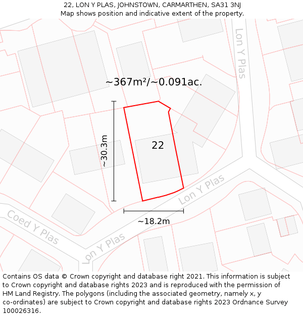 22, LON Y PLAS, JOHNSTOWN, CARMARTHEN, SA31 3NJ: Plot and title map