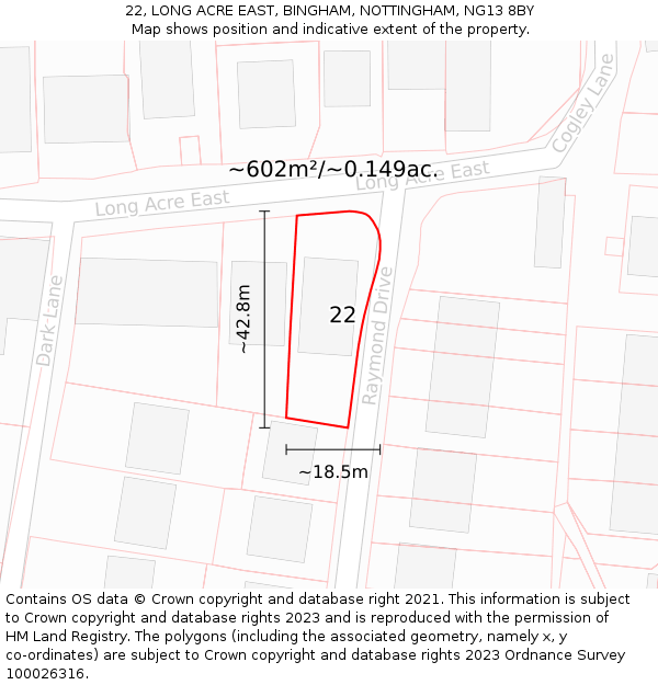 22, LONG ACRE EAST, BINGHAM, NOTTINGHAM, NG13 8BY: Plot and title map