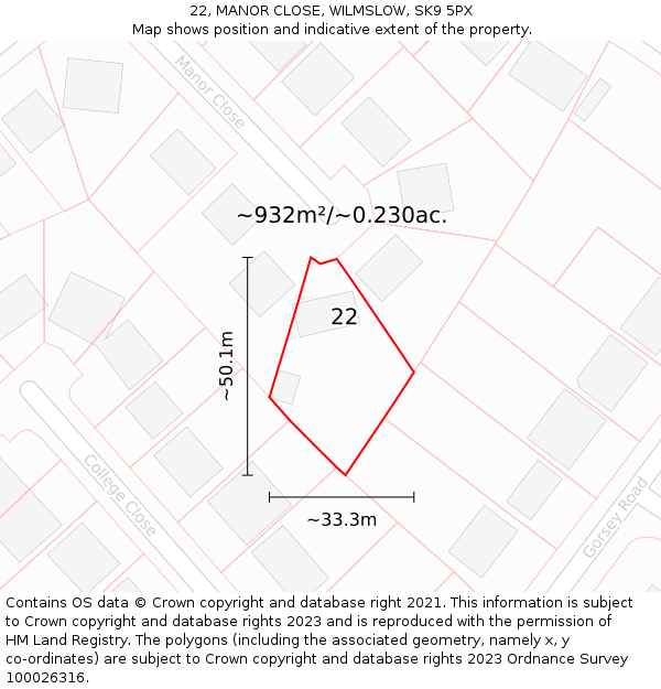 22, MANOR CLOSE, WILMSLOW, SK9 5PX: Plot and title map