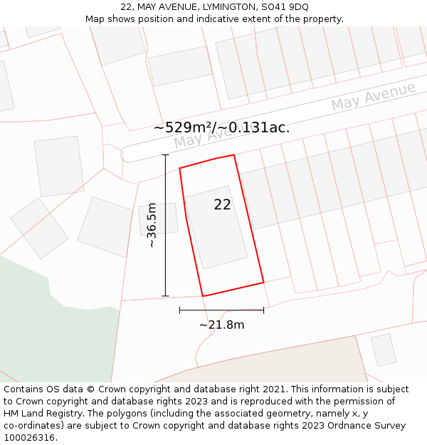 22, MAY AVENUE, LYMINGTON, SO41 9DQ: Plot and title map