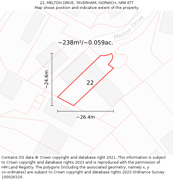 22, MELTON DRIVE, TAVERHAM, NORWICH, NR8 6TT: Plot and title map