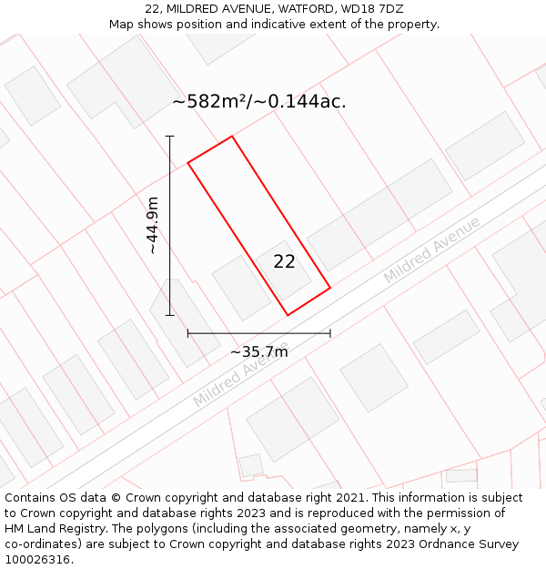 22, MILDRED AVENUE, WATFORD, WD18 7DZ: Plot and title map