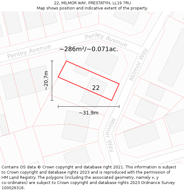 22, MILMOR WAY, PRESTATYN, LL19 7RU: Plot and title map